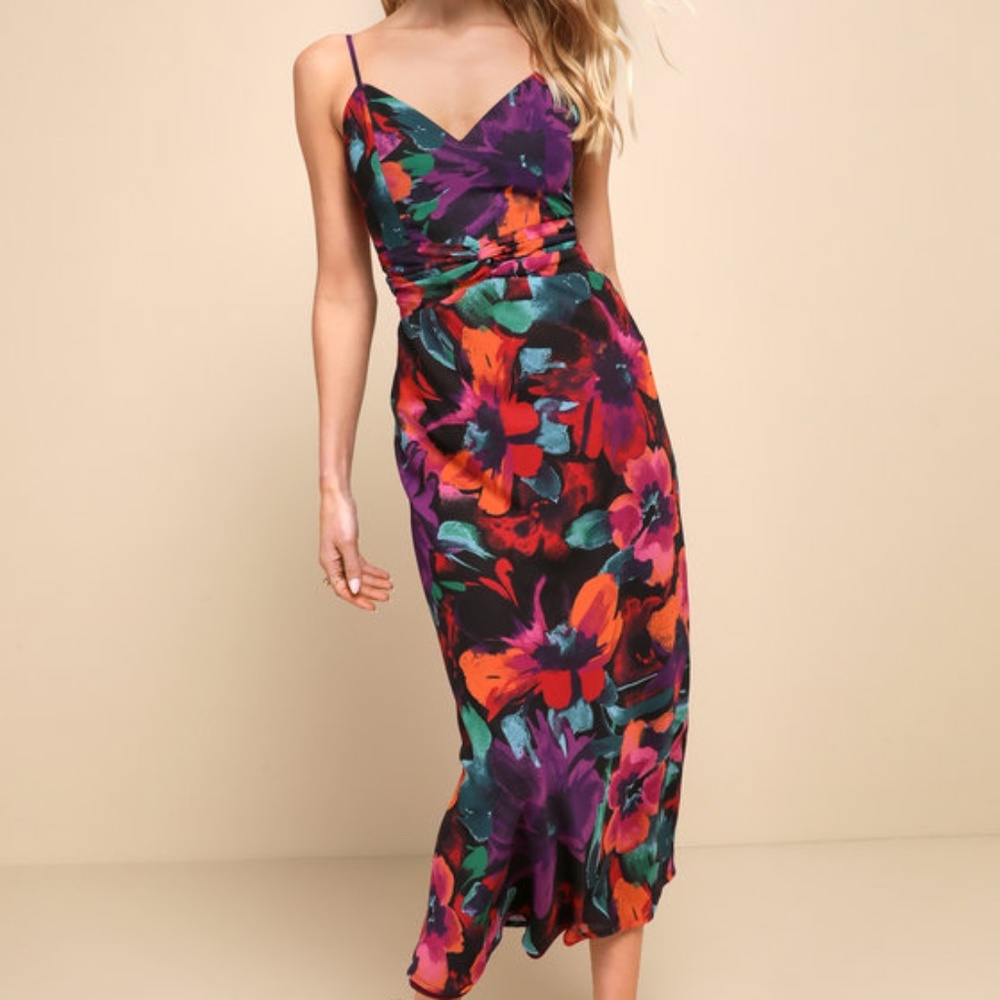 Lulus Beautiful Entrance Multi Floral Print Twist Front Midi Dress Black